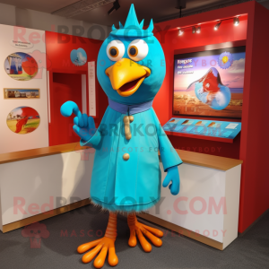 Turquoise Tandoori Chicken mascot costume character dressed with a Raincoat and Tie pins
