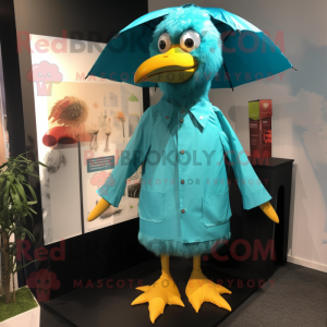 Turquoise Tandoori Chicken mascot costume character dressed with a Raincoat and Tie pins