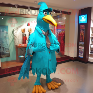 Turquoise Tandoori Chicken mascot costume character dressed with a Raincoat and Tie pins