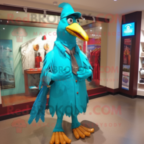Turquoise Tandoori Chicken mascot costume character dressed with a Raincoat and Tie pins