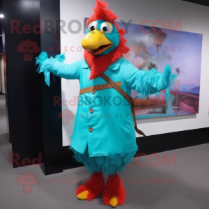 Turquoise Tandoori Chicken mascot costume character dressed with a Raincoat and Tie pins