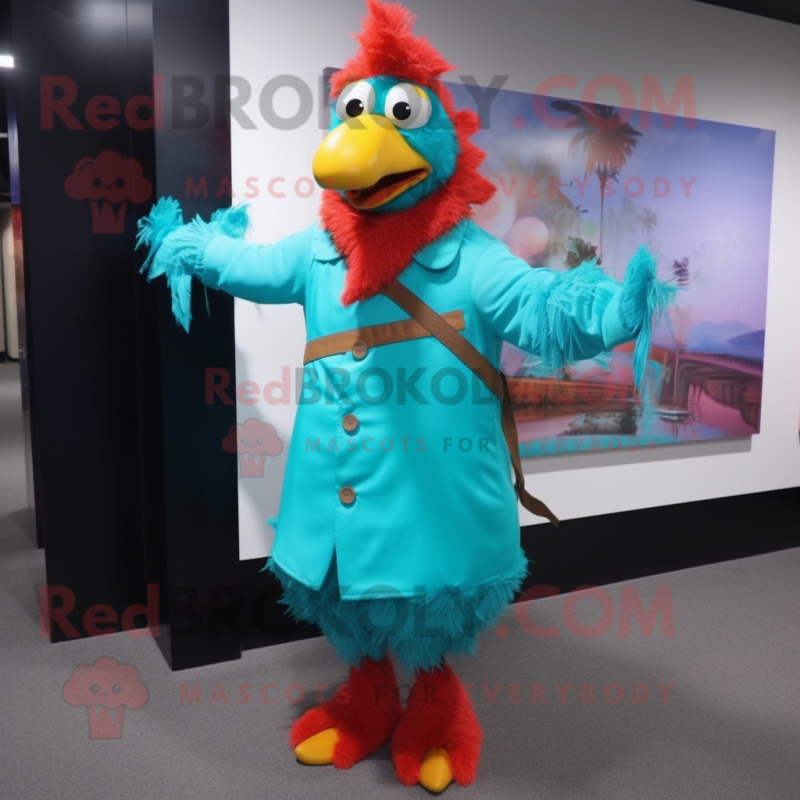 Turquoise Tandoori Chicken mascot costume character dressed with a Raincoat and Tie pins Turquoise Tandoori Chicken mascot costume character dressed with a Raincoat and Tie pins