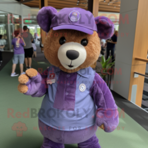 Purple Teddy Bear mascot costume character dressed with a Button-Up Shirt and Caps