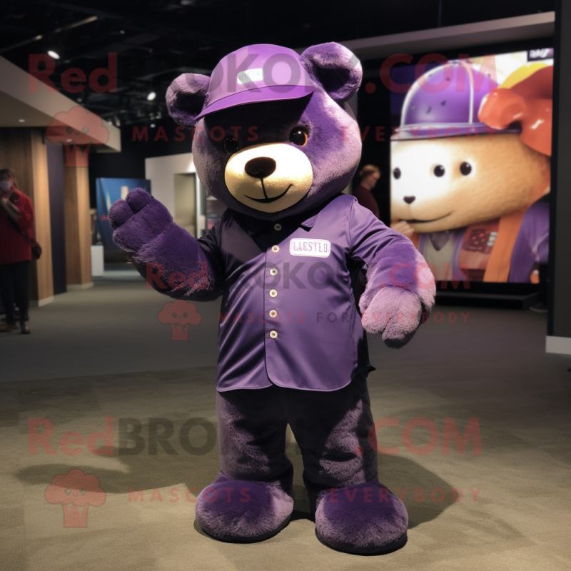 Purple Teddy Bear mascot costume character dressed with a Button-Up Shirt and Caps Purple Teddy Bear mascot costume character dressed with a Button-Up Shirt and Caps