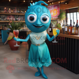 Teal Ceviche mascot costume character dressed with a Cocktail Dress and Headbands