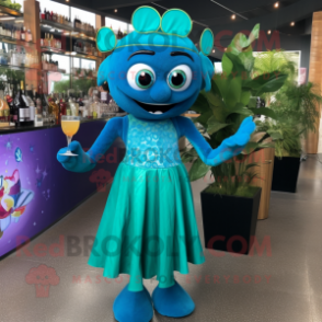 Teal Ceviche mascot costume character dressed with a Cocktail Dress and Headbands