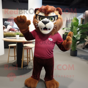 Maroon Smilodon mascot costume character dressed with a Playsuit and Eyeglasses