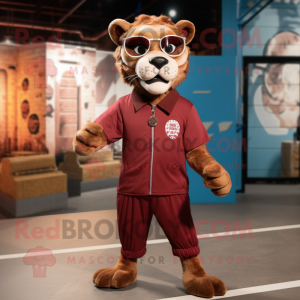 Maroon Smilodon mascot costume character dressed with a Playsuit and Eyeglasses