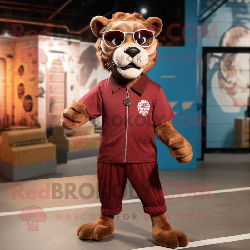 Maroon Smilodon mascot costume character dressed with a Playsuit and Eyeglasses Maroon Smilodon mascot costume character dressed with a Playsuit and Eyeglasses