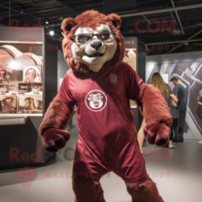 Maroon Smilodon mascot costume character dressed with a Playsuit and Eyeglasses