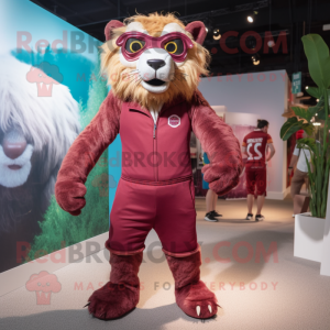 Maroon Smilodon mascot costume character dressed with a Playsuit and Eyeglasses
