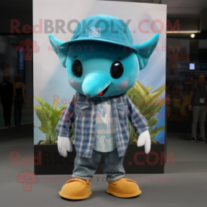 Cyan Manta Ray mascot costume character dressed with a Flannel Shirt and Hat pins