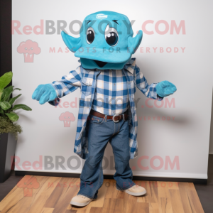 Cyan Manta Ray mascot costume character dressed with a Flannel Shirt and Hat pins