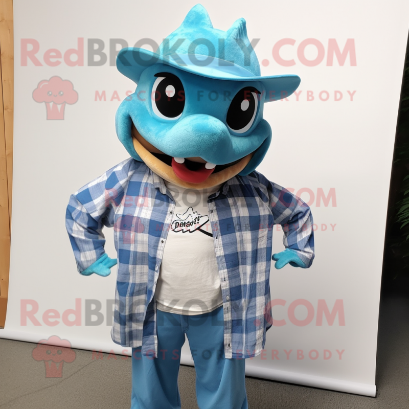 Cyan Manta Ray mascot costume character dressed with a Flannel Shirt and Hat pins Cyan Manta Ray mascot costume character dressed with a Flannel Shirt and Hat pins