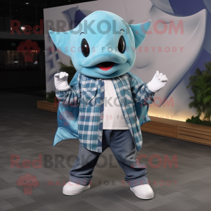 Cyan Manta Ray mascot costume character dressed with a Flannel Shirt and Hat pins