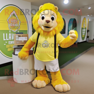 Lemon Yellow Tamer Lion mascot costume character dressed with a Henley Tee and Messenger bags