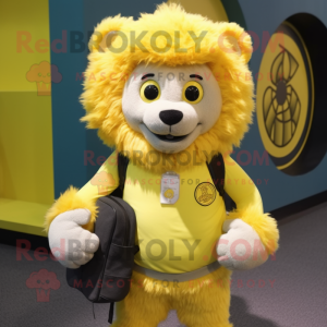 Lemon Yellow Tamer Lion mascot costume character dressed with a Henley Tee and Messenger bags