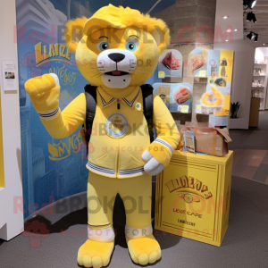 Lemon Yellow Tamer Lion mascot costume character dressed with a Henley Tee and Messenger bags