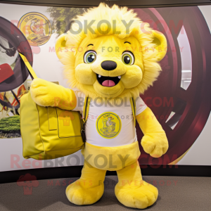 Lemon Yellow Tamer Lion mascot costume character dressed with a Henley Tee and Messenger bags