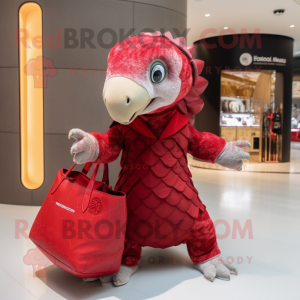 Red Pangolin mascot costume character dressed with a Mini Skirt and Tote bags