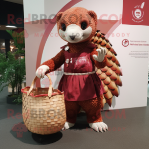 Red Pangolin mascot costume character dressed with a Mini Skirt and Tote bags