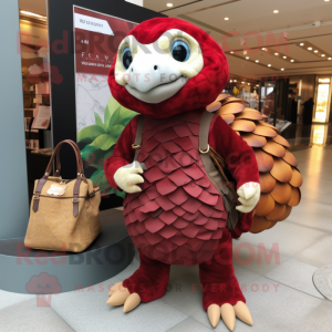 Red Pangolin mascot costume character dressed with a Mini Skirt and Tote bags
