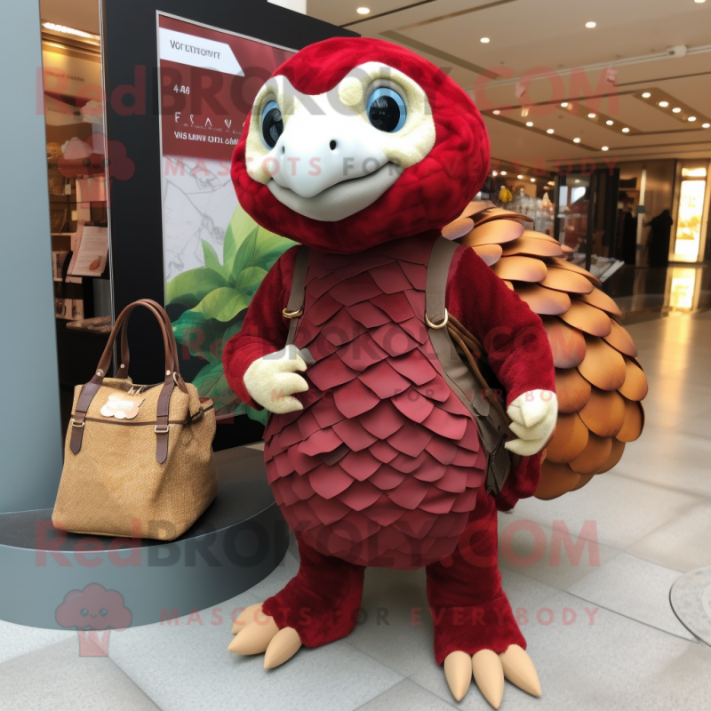 Red Pangolin mascot costume character dressed with a Mini Skirt and Tote bags