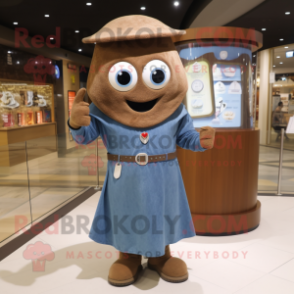 Brown Hourglass mascot costume character dressed with a Denim Shirt and Shawl pins