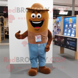 Brown Hourglass mascot costume character dressed with a Denim Shirt and Shawl pins