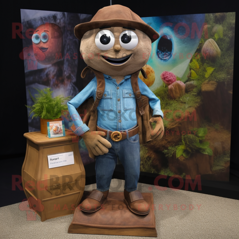 Brown Hourglass mascot costume character dressed with a Denim Shirt and Shawl pins