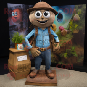 Brown Hourglass mascot costume character dressed with a Denim Shirt and Shawl pins