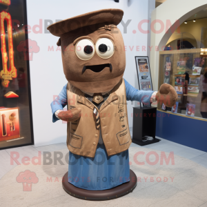Brown Hourglass mascot costume character dressed with a Denim Shirt and Shawl pins