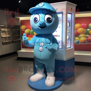Sky Blue Gumball Machine mascot costume character dressed with a Polo Shirt and Gloves