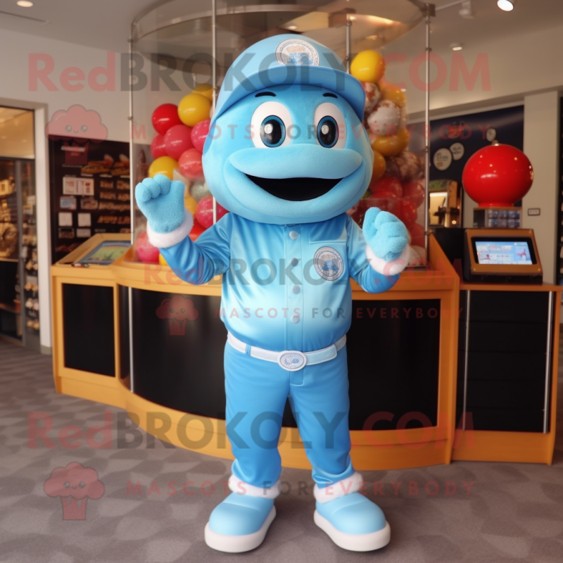 Sky Blue Gumball Machine mascot costume character dressed with a Polo Shirt and Gloves Sky Blue Gumball Machine mascot costume character dressed with a Polo Shirt and Gloves