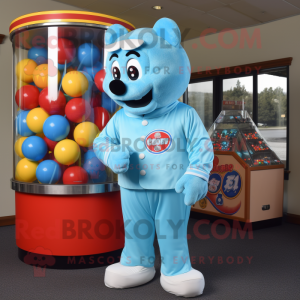 Sky Blue Gumball Machine mascot costume character dressed with a Polo Shirt and Gloves