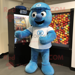 Sky Blue Gumball Machine mascot costume character dressed with a Polo Shirt and Gloves