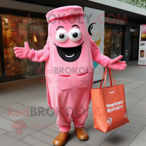 Pink Currywurst mascot costume character dressed with a Jumpsuit and Tote bags