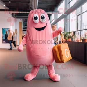 Pink Currywurst mascot costume character dressed with a Jumpsuit and Tote bags