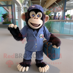 Navy Chimpanzee mascot costume character dressed with a Bermuda Shorts and Handbags