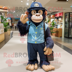 Navy Chimpanzee mascot costume character dressed with a Bermuda Shorts and Handbags