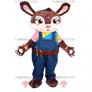 Mascotte de lapine marron avec une salopette bleue. -