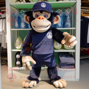 Navy Chimpanzee mascot costume character dressed with a Bermuda Shorts and Handbags