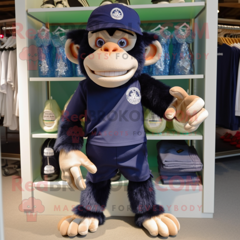 Navy Chimpanzee mascot costume character dressed with a Bermuda Shorts and Handbags Navy Chimpanzee mascot costume character dressed with a Bermuda Shorts and Handbags