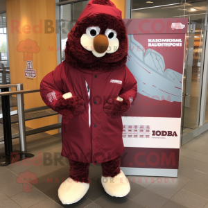 Maroon Jambalaya mascot costume character dressed with a Parka and Shoe laces