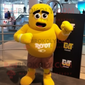 Lemon Yellow Boxing Glove mascot costume character dressed with a Flannel Shirt and Rings