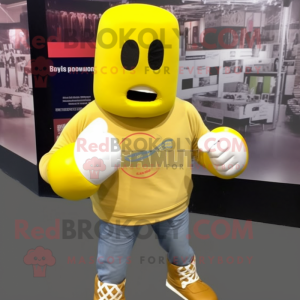 Lemon Yellow Boxing Glove mascot costume character dressed with a Flannel Shirt and Rings