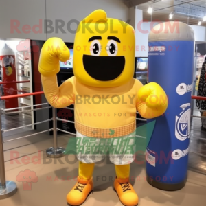 Lemon Yellow Boxing Glove mascot costume character dressed with a Flannel Shirt and Rings