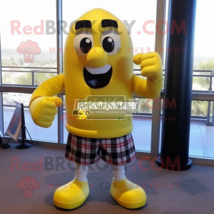 Lemon Yellow Boxing Glove mascot costume character dressed with a Flannel Shirt and Rings