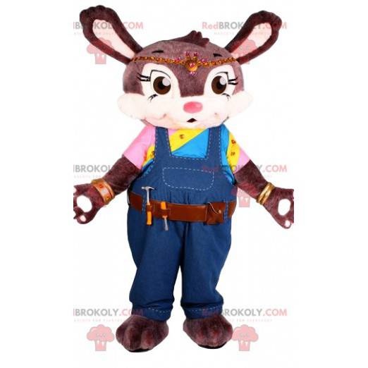 Mascot conejo marrón con mono azul. - Redbrokoly.com