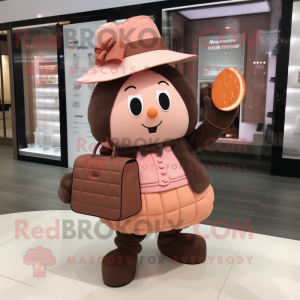 Peach Chocolate Bar mascot costume character dressed with a Culottes and Handbags